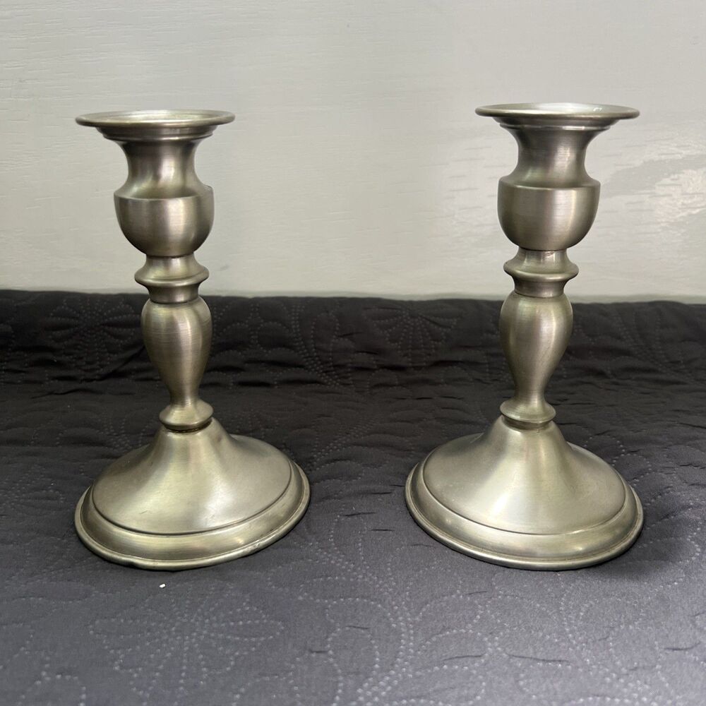 VTG Leonard Genuine Pewter Weighted Candle Holders Candlesticks 2pc 6.5” w/Grips